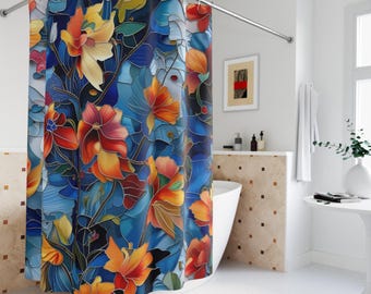 Cortina de chuveiro floral vibrante, decoração de banheiro com arte botânica em estilo vitral.