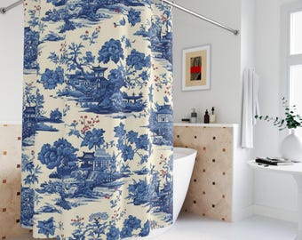 Blue Toile Landscape Shower Curtain | Vintage Chinoiserie Floral Pattern