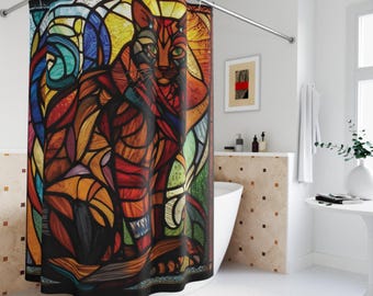 Stained Glass Cat Shower Curtain, Orange Cat Bathroom Decor, Cat Lover Gift, Colorful Tabby Bathroom Curtain, Artistic Feline Home Decor
