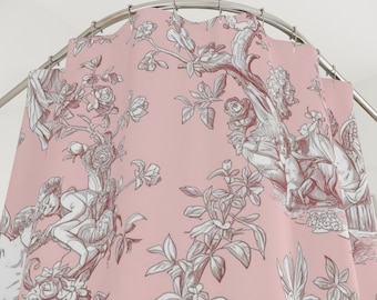 Różowa zasłona prysznicowa Toile, francuski wystrój łazienki w stylu vintage, kwiatowa zasłona Toile de Jouy, elegancka łazienka, estetyczna, romantyczna dekoracja łazienki