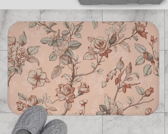 Tapete de Banho Floral Rosa Vintage | Tapete de Banheiro Botânico em Tons de Rosa