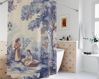 Vintage Toile Scene Shower Curtain | Blue Pastoral Bathroom Decor