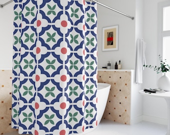 Mediterranean Portuguese Tile Shower Curtain | Blue Coral Geometric Coastal Bathroom