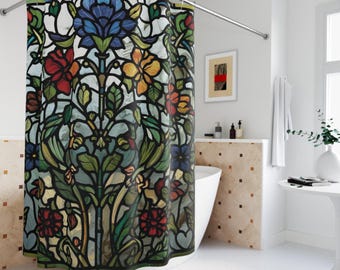 Stained Glass Floral Shower Curtain  Colorful Art Nouveau Bathroom Decor, Vintage Botanical Bath Curtain, Statement Bathroom Art