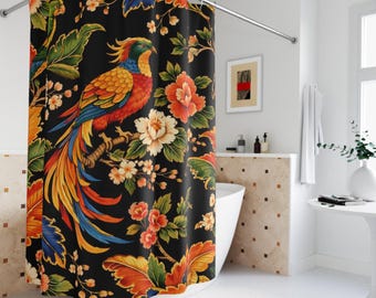 Cortina de chuveiro vintage com pássaros tropicais, decoração de banheiro floral botânica maximalista.