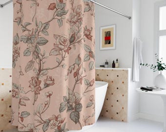 Cortina de chuveiro vintage com estampa floral de rosas | Rosa blush botânico