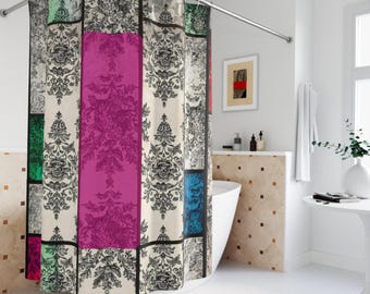 Cortina de chuveiro com vitrais | Decoração de banheiro floral rosa em estilo Art Nouveau