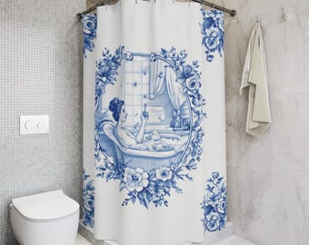 French Toile Shower Curtain  Blue and White Vintage Bathroom Decor, Classic Toile de Jouy Bath Curtain, Elegant Cottagecore Bathroom
