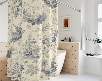 Vintage French Toile Shower Curtain, Linen Style, Farmhouse Bathroom