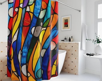 Cortina de chuveiro abstrata com vitrais | Decoração geométrica e colorida para banheiro