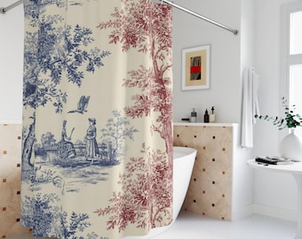 Blue Red Toile de Jouy Shower Curtain | Vintage Scenic Pattern