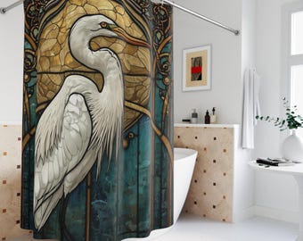 Stained Glass Heron Shower Curtain - Elegant White Bird Bathroom Decor
