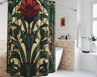 Art Nouveau Shower Curtain, Stained Glass Floral Bathroom Decor, Vintage Botanical Bath Curtain, Elegant Green Bathroom Decor
