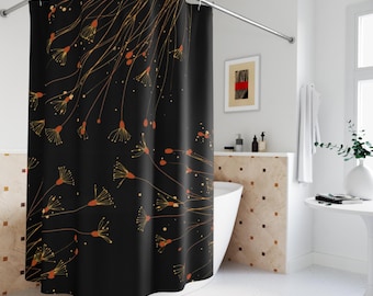 Cortina de chuveiro botânica preta e dourada, decoração moderna e floral para banheiro.
