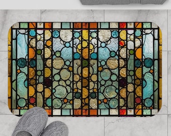 Tapete de Banho com Estampa de Vitral, Tapete de Banho Colorido com Mosaico Geométrico e Espuma Viscoelástica