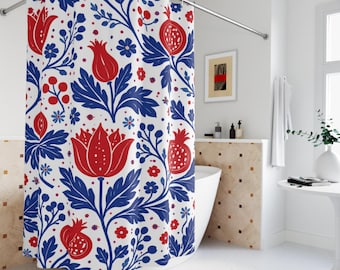 Red Blue Pomegranate Tulip Floral Shower Curtain | Botanical Bathroom Decor