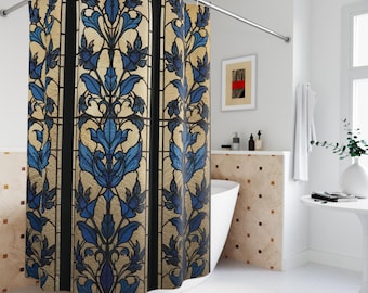 Blue Stained Glass Shower Curtain, Vintage  Art Nouveau Bathroom Decor