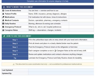 Planilha de Planejamento para Cuidadores em Excel, Controle de Medicamentos, Organizador Médico (Download Imediato)