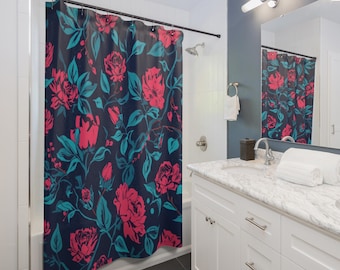 Cortina de chuveiro floral rosa vibrante, decoração de banheiro marcante em azul marinho, cortina botânica vibrante, banheiro moderno e colorido, cortina de chuveiro exclusiva