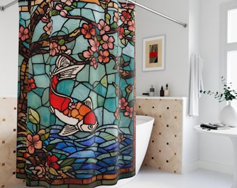 Stained Glass Koi Shower Curtain, Japanese Bathroom Decor, Cherry Blossom Bathroom Curtain, Zen Fish Bathroom Art
