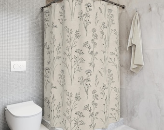 Botanical Line Art Shower Curtain  Neutral Floral Bathroom Decor  Minimalist Beige Floral Bathroom Decor Scandinavian Farmhouse Bath Curtain