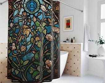 Floral Stained Glass  Shower Curtain  Blue Rose Bathroom Decor