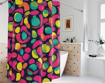 Cortina de chuveiro com estampa abstrata de pedras em neon | Decoração retrô pop para banheiro