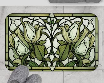 Grüne Blumen Badematte, Buntglas Badezimmer Dekor, Jugendstil Blumen Badematte, Sage Grünes Badezimmer Dekor