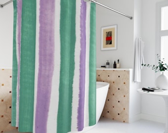 Aqua Teal and Lavender Watercolor Stripes Shower Curtain | Coastal Bathroom