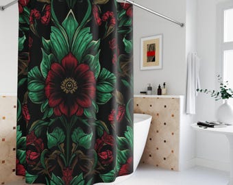 Stained Glass Green Leaves Shower Curtain | Dark Floral Bathroom Decor