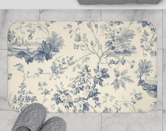 Blue Toile Floral Bath Mat | Vintage Floral Pattern Bathroom Rug