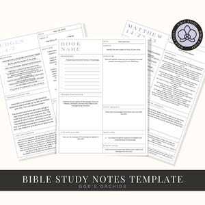 Peut inclure: Modèle de notes d'étude biblique au design minimaliste. L'image montre plusieurs feuilles blanches avec du texte et des lignes pour les notes. Les feuilles comprennent des sections pour l'écriture, la ventilation et les questions. Le texte "Bible Study Notes Template" est en bas.