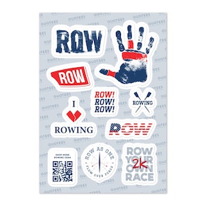 May include: A sheet of stickers with a rowing theme. Designs include the word "ROW" in various fonts and styles, a handprint with red and blue accents, crossed oars, and the phrases "ROW! ROW! ROW!" and "ROW YOUR OWN RACE."