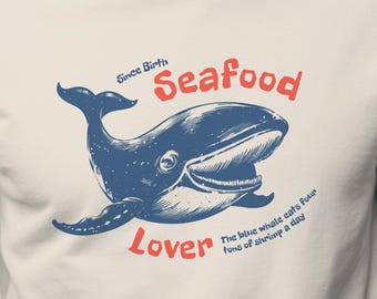 Camiseta para amantes de los mariscos: Gráfico de ballena azul, camiseta retro del océano