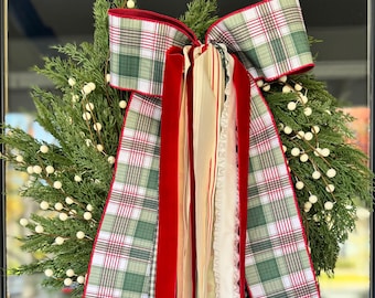 Juego de cintas navideñas de menta verde / Lazo navideño a cuadros verdes / Lazo festivo rojo, verde y marfil / Cinta tradicional para corona navideña - 71 cm de largo