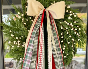Juego de cintas para corona de acebo y nieve / Terciopelo blanco y cuadros de menta / Lazo navideño rojo, verde y blanco / Lazo navideño fresco de invierno - 71 cm de largo