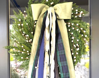 Juego de cintas Evergreen Wishes / Lazo de terciopelo a cuadros y salvia, decoración invernal (71 cm de largo)