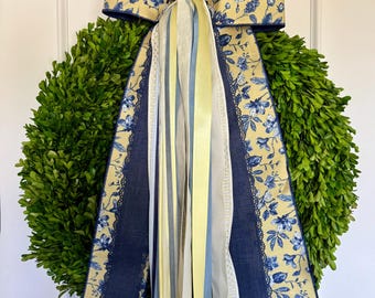 Lazo de cinta con estampado floral azul y amarillo – Decoración de corona de jardín primaveral – Regalo para el Día de la Madre