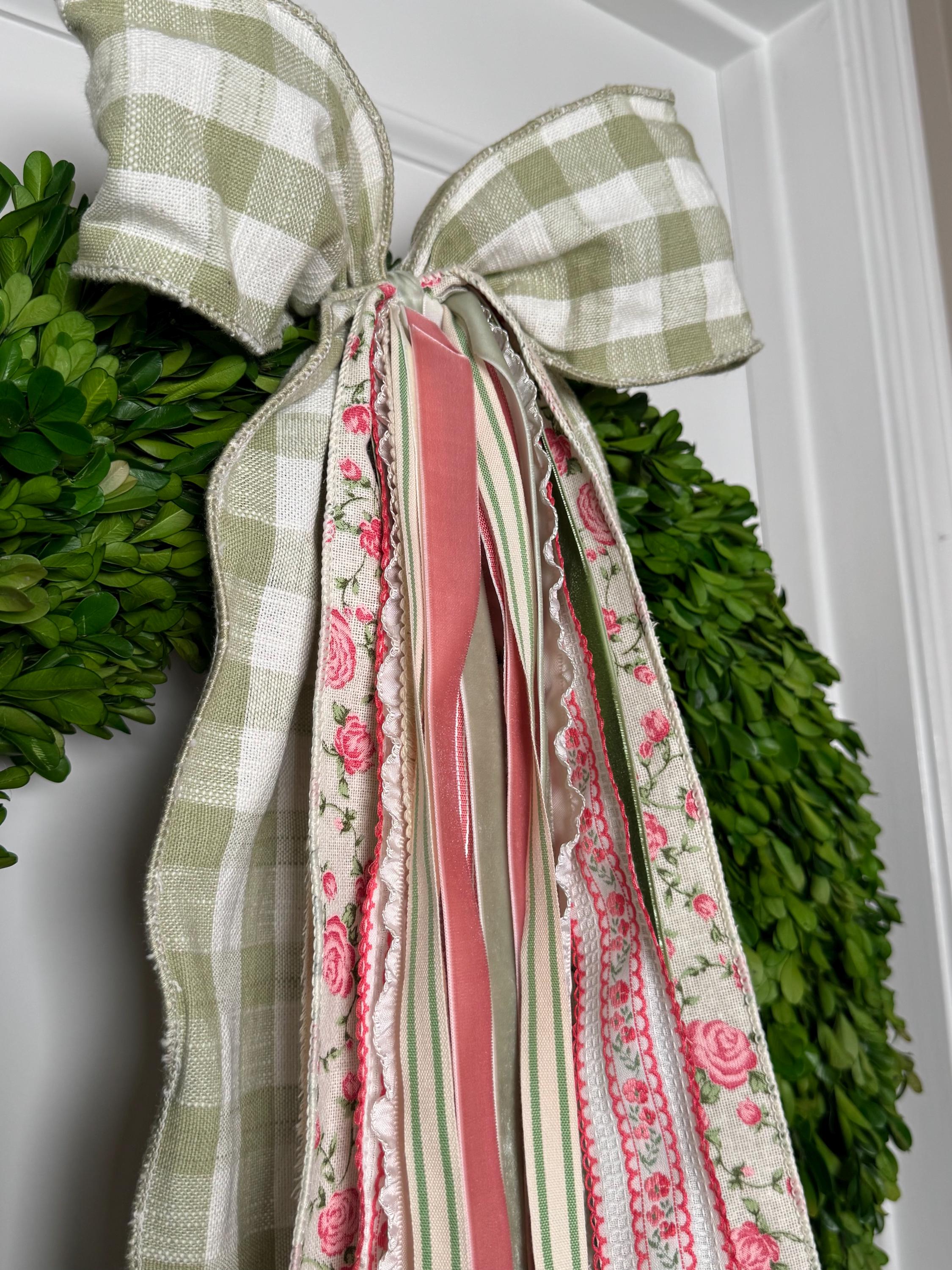 Spring Wreath Ribbon Bow Set | "cottage in Bloom" Sage Gingham & Floral ...