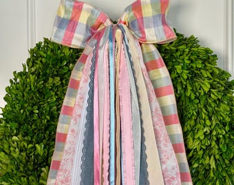 Lazo de corona de primavera / Paquete de lazos de Pascua a cuadros pastel "Cesta de mercado de primavera" / Decoración de puerta de primavera / Cinta de corona de boj para Pascua