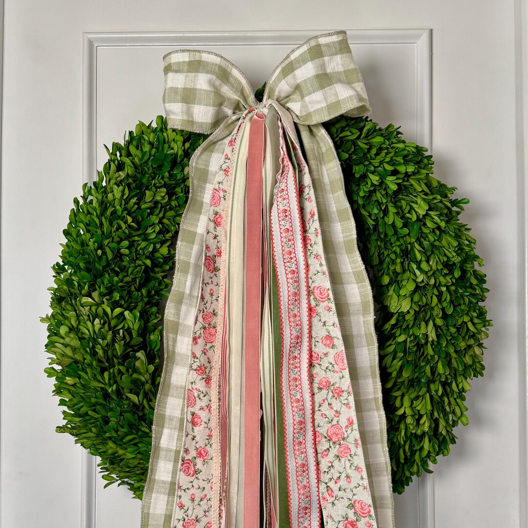 Spring Wreath Ribbon Bow Set | "cottage in Bloom" Sage Gingham & Floral ...