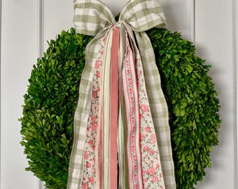 Conjunto de lazos de cinta para corona de primavera / Conjunto de cintas florales y cuadros vichy salvia "Cottage In Bloom" / Lazo rosa y verde / Decoración primaveral de lujo - 71 cm de largo