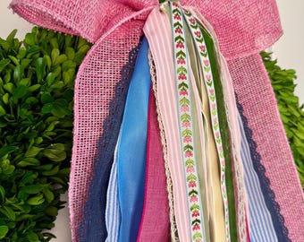 Cinta para corona de primavera / Conjunto de lazo y cinta "Tulipán Costero" / Lazo rosa para puerta / Decoración primaveral para puerta principal - Coastal Chic