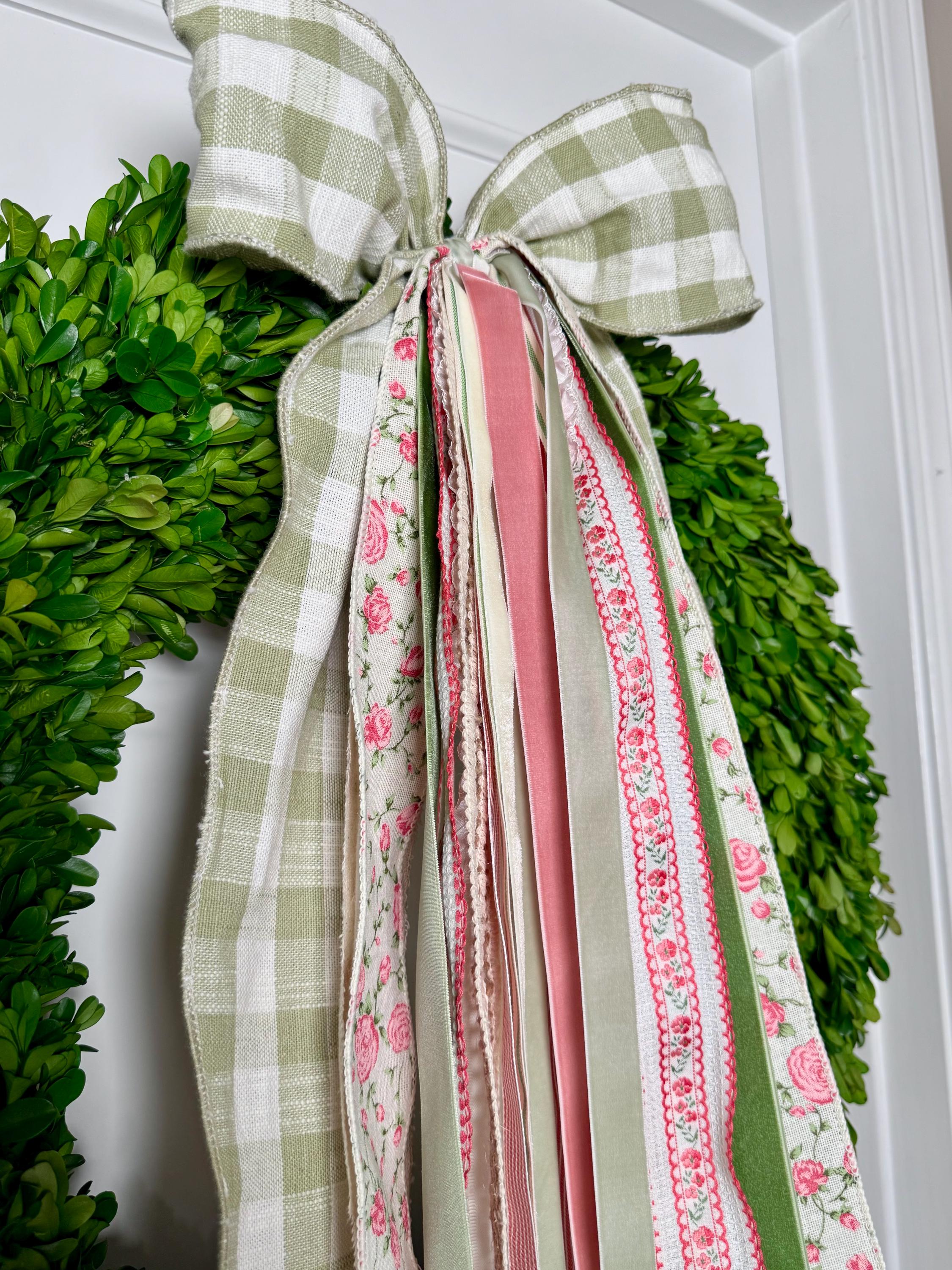 Spring Wreath Ribbon Bow Set | "cottage in Bloom" Sage Gingham & Floral ...