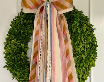 Juego de cintas de lujo con doble lazo a cuadros para corona de primavera / Decoración neutra de diseño para el hogar / Paquete de cintas en capas / Lazo para corona de puerta "Pascua de herencia"