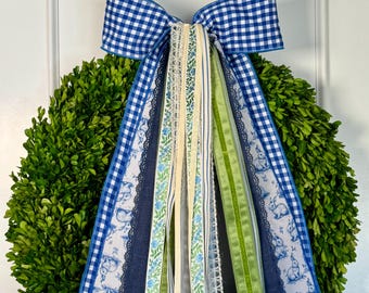 Lazo de corona de primavera de cuadros vichy azules / Cinta de corona de primavera "Gingham and Toile Meadow" / Fajín de corona / Decoración de puerta de Pascua / Lazo de corona de boj
