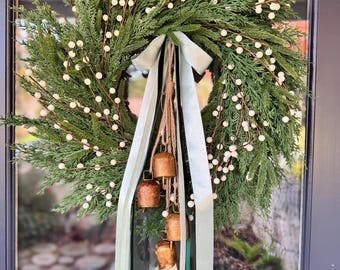 Conjunto de cintas navideñas color salvia / Lazo de satén de seda con cascabeles y detalles de terciopelo (61 cm)