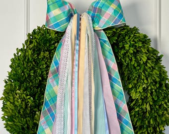 Lazo para corona de cuadros primaverales / Cinta para corona de Pascua "Garden Club Plaid" - Paquete de lazo y cinta para puerta a cuadros pastel / Decoración primaveral para puerta principal