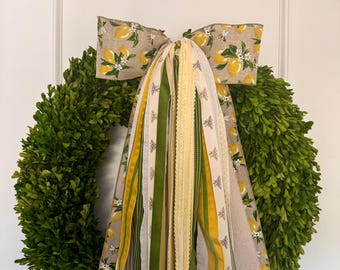 Corona de limones con lazo, lazo de cinta cítrica de verano, decoración de limones para la puerta principal, juego de coronas de verano con lazo de cinta "Lemon Blossom Lane".