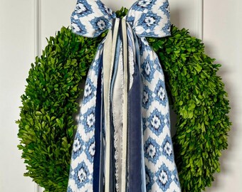 Conjunto de lazos de cinta para corona de primavera / Paquete de lazos azules y blancos "Ikat Sky" / Lazo de cinta de lujo en capas / Decoración de puerta elegante y cotidiana - 71 cm de largo